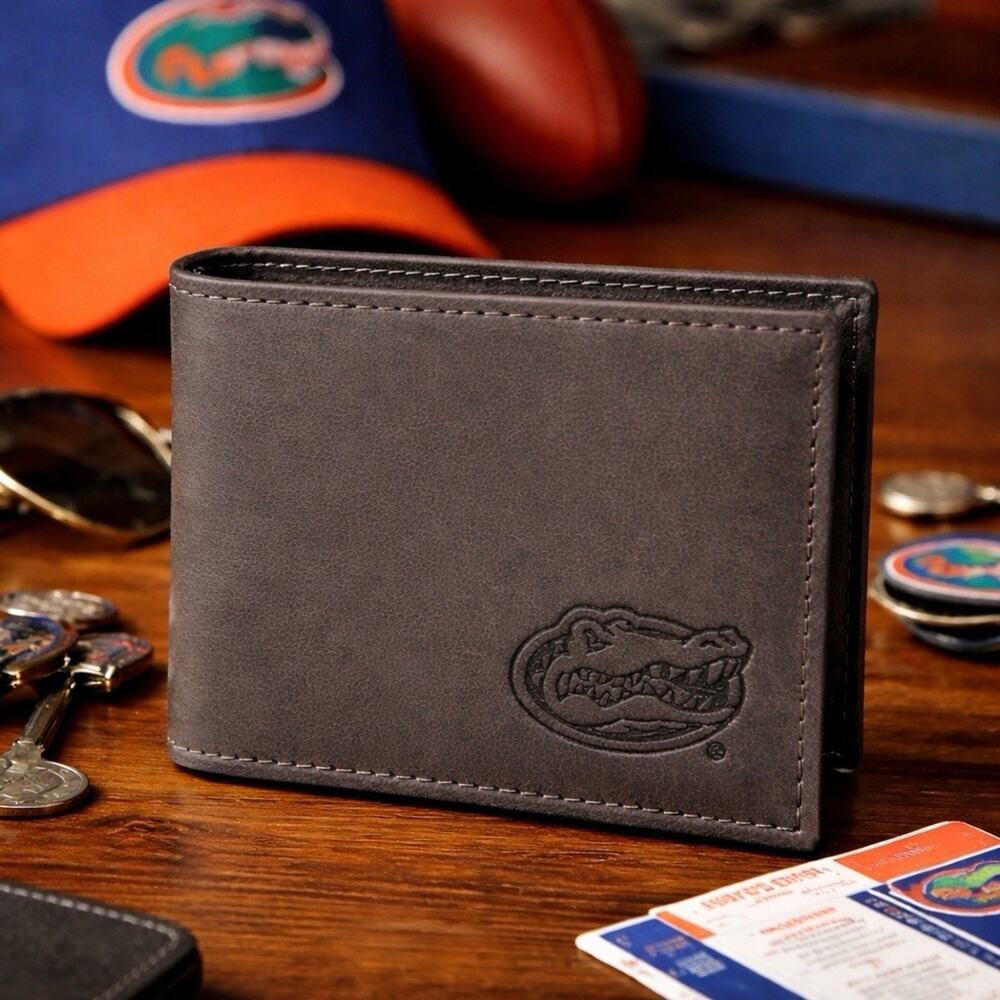 NCAA Zep-Pro Genuine Leather Bifold Wallet Gray Florida Gators Logo College